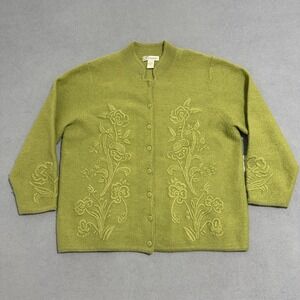 Dressbarn Cardigan Sweater Floral Embroidered Green Womens Size 18/20 100% Wool